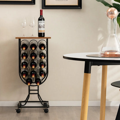 US 14 bottle wine rack console table independent wine storage with wooden roof and wheels-