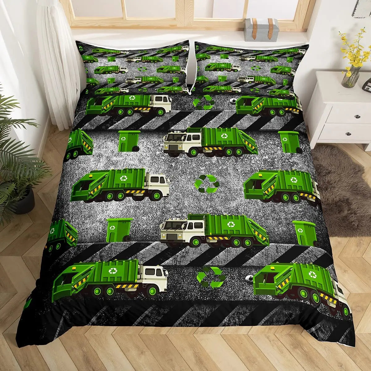 Truck Excavator Duvet Cover Set Queen Size for Kids Nursery Cartoon Tractor Engineering Vehicle Construction Theme Bedding Set