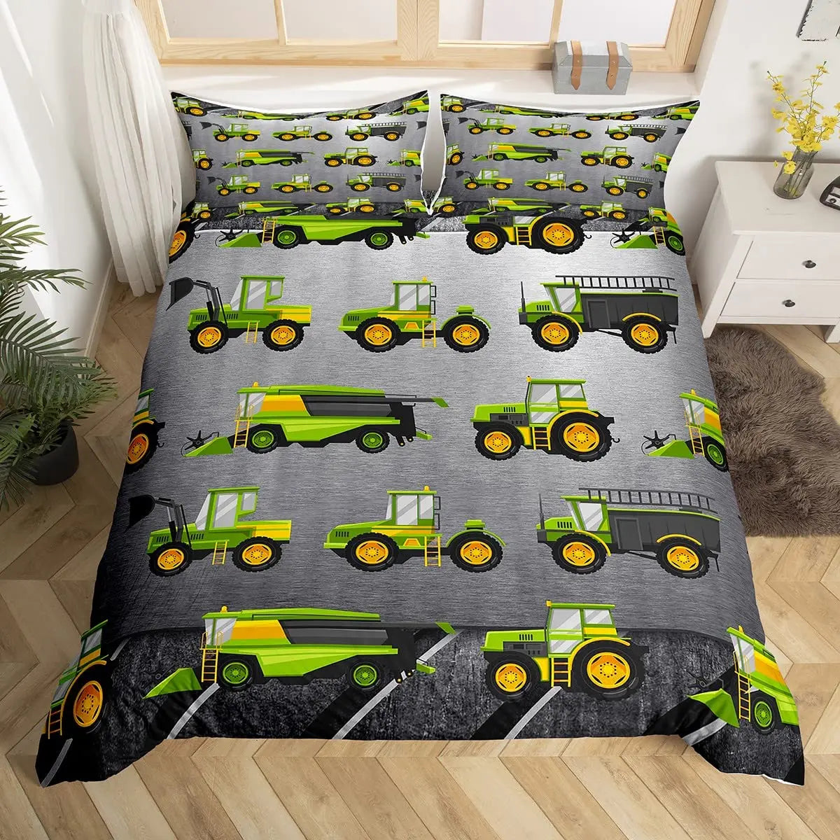 Truck Excavator Duvet Cover Set Queen Size for Kids Nursery Cartoon Tractor Engineering Vehicle Construction Theme Bedding Set