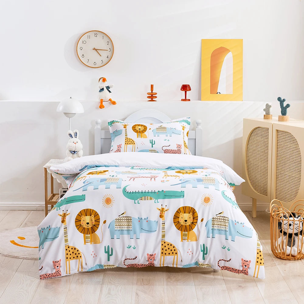 Cartoon Animals King Queen Duvet Cover Lion Giraffe Crocodile Bedding Set for Kids Boys Wildlife 2/3pcs Polyester Quilt Cover