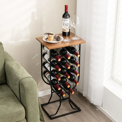 US 14 bottle wine rack console table independent wine storage with wooden roof and wheels-