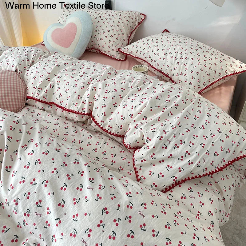 Bedding Set INS Girls Cherry  Soft Washed Cotton Bed Sheet Queen King Size Duvet Set  Comforter Set Pillowcase Bed Linens