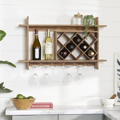 Wall Mounted Wood Geometric Wine Rack with Glass Holder Slots Brown MDF and Iron Construction Farmhouse Style 34"x8"x20" Holds 8