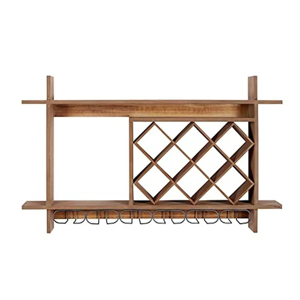 Wall Mounted Wood Geometric Wine Rack with Glass Holder Slots Brown MDF and Iron Construction Farmhouse Style 34"x8"x20" Holds 8