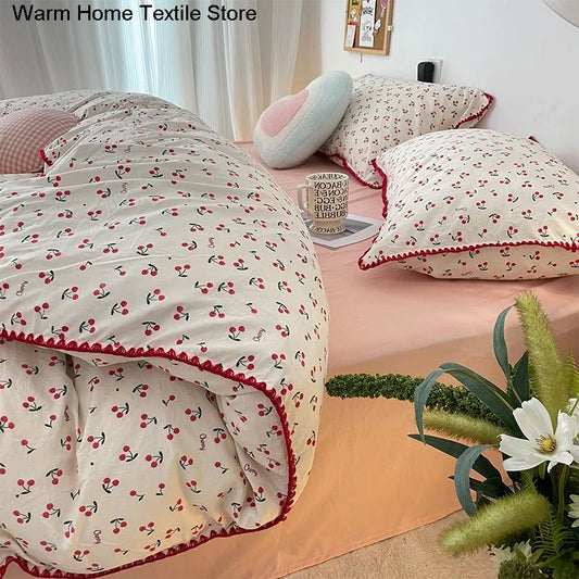 Bedding Set INS Girls Cherry  Soft Washed Cotton Bed Sheet Queen King Size Duvet Set  Comforter Set Pillowcase Bed Linens