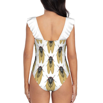 Cicada Ruffle One Piece Swimsuit Women Swimwear Push Up Monokini Sexy Print Bathing Suit Cicadoidea Cicada Cicadas Insect