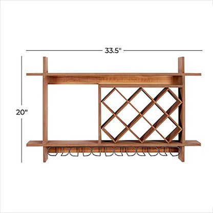 Wall Mounted Wood Geometric Wine Rack with Glass Holder Slots Brown MDF and Iron Construction Farmhouse Style 34"x8"x20" Holds 8